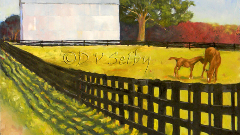 Oil Painting by De Selby of Kentucky road with barn, fence, and horses from www.dselby.com