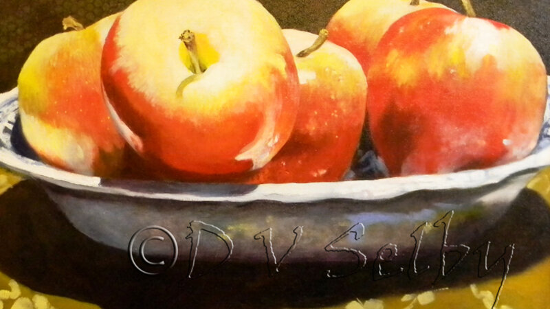 Oil Painting by De Selby of still life with apples in china bowl, www.dselby.com