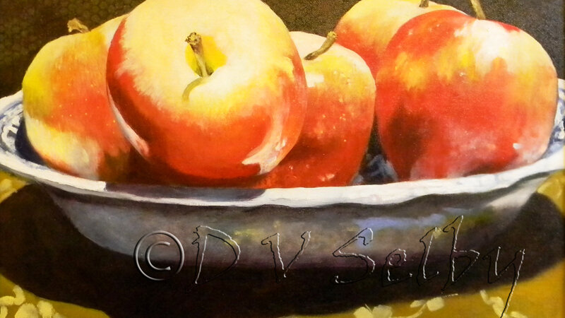 Oil Painting by De Selby of still life with apples in china bowl, www.dselby.com