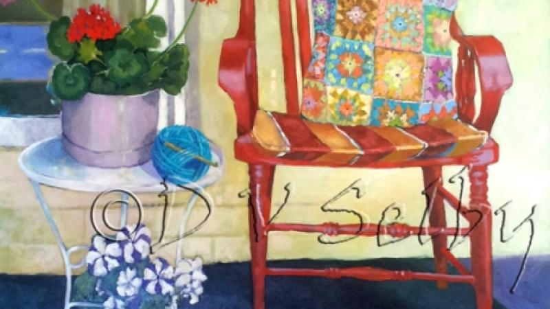 Oil Painting by De Selby of Red Chair for porch sitting on a summer day, from www.dselby.com 