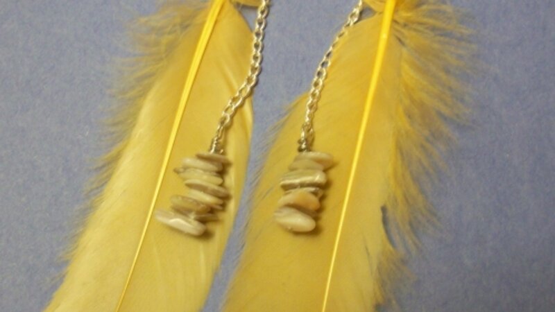 Yellow feathere earrings with mother of pearl chips