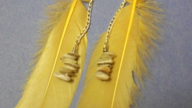 Yellow feathere earrings with mother of pearl chips
