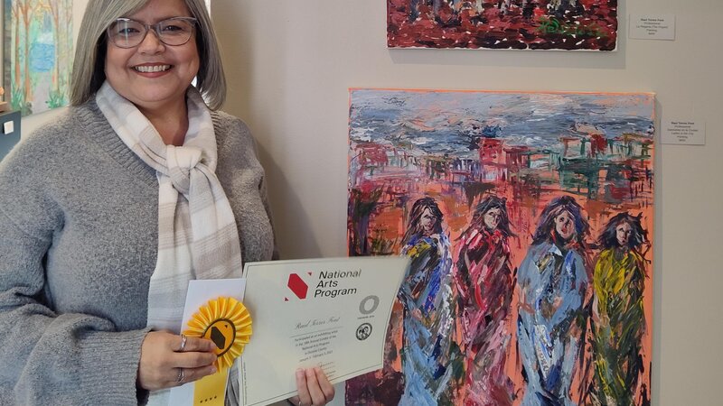 colorful expressive painting of women standing in a landscape