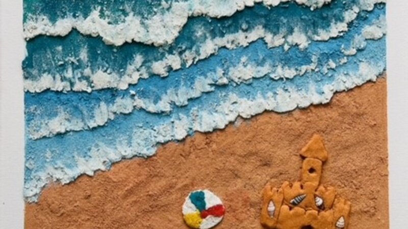 painting of the beach with waves and two seagulls flying over
