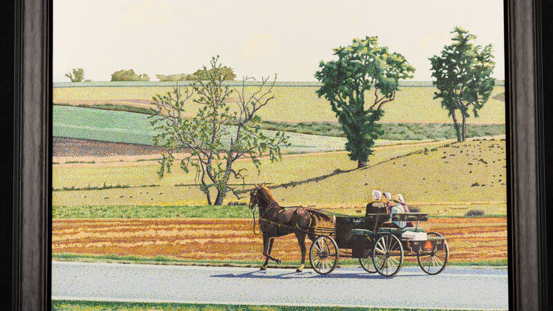 painting of a horse and buggy traveling through the countryside