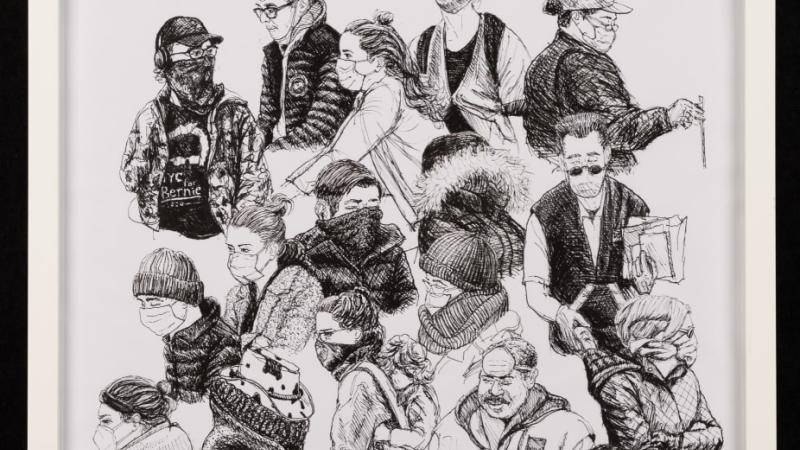 detailed drawing of many people grouped together done in pencili