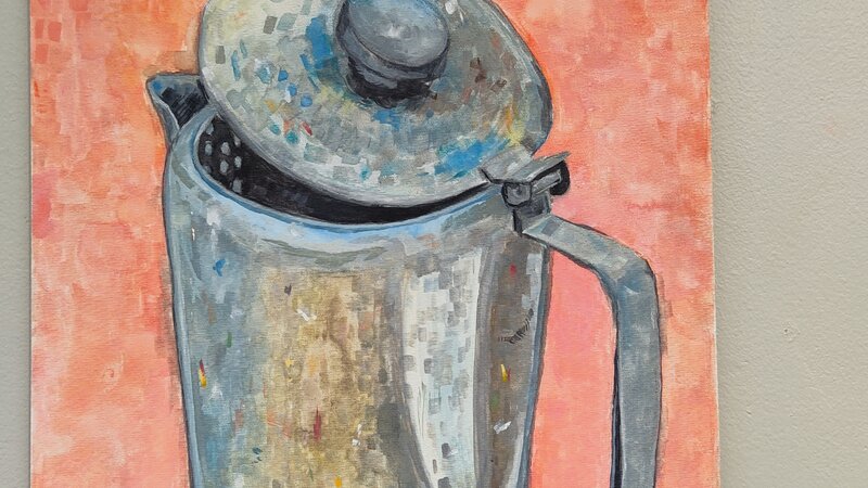 painting of a sliver kettle on an orange and backdrop