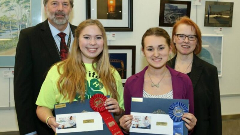 4th Annual Exhibit Teen Winners pose with Denny Probst, Executive VP of Minneapolis-St. Paul Airport and Sue Gens, Executive Director of the MN State Art Board.
