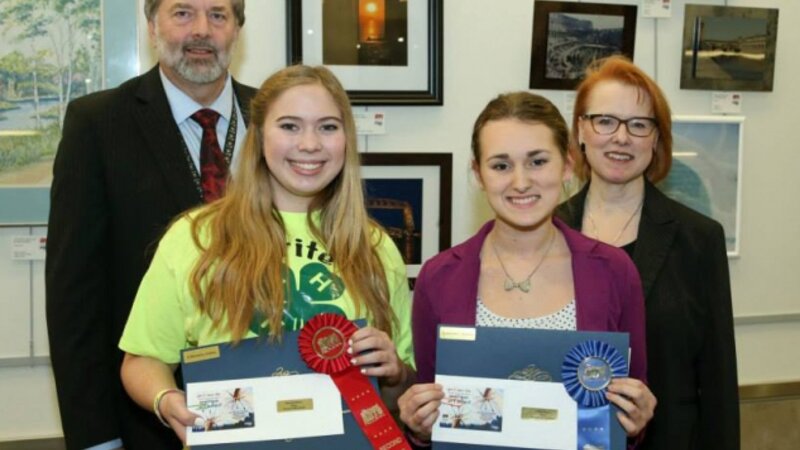 4th Annual Exhibit Teen Winners pose with Denny Probst, Executive VP of Minneapolis-St. Paul Airport and Sue Gens, Executive Director of the MN State Art Board.