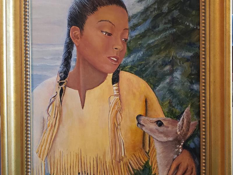 Northeast Woodlands Young Woman between Ocean and Forest greets Fawn