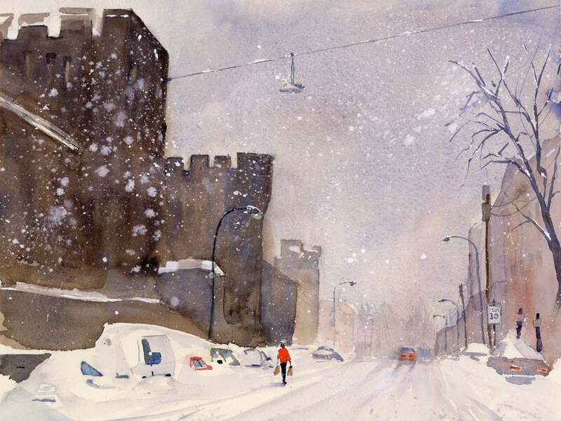 Eastern State Penitentiary watercolor snow scene
