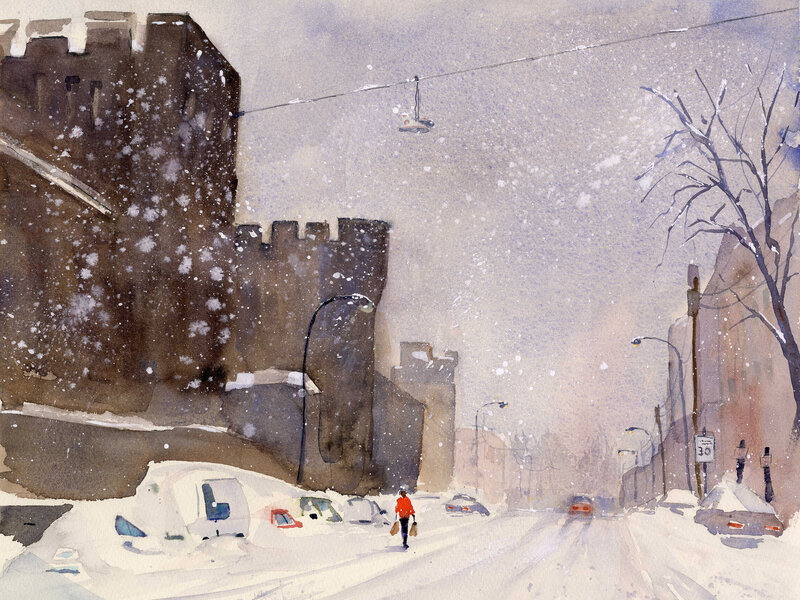 Eastern State Penitentiary watercolor snow scene