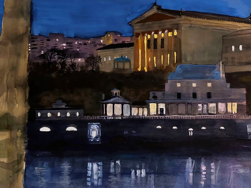 Watercolor of Philadelphia Art Museum and Waterworks