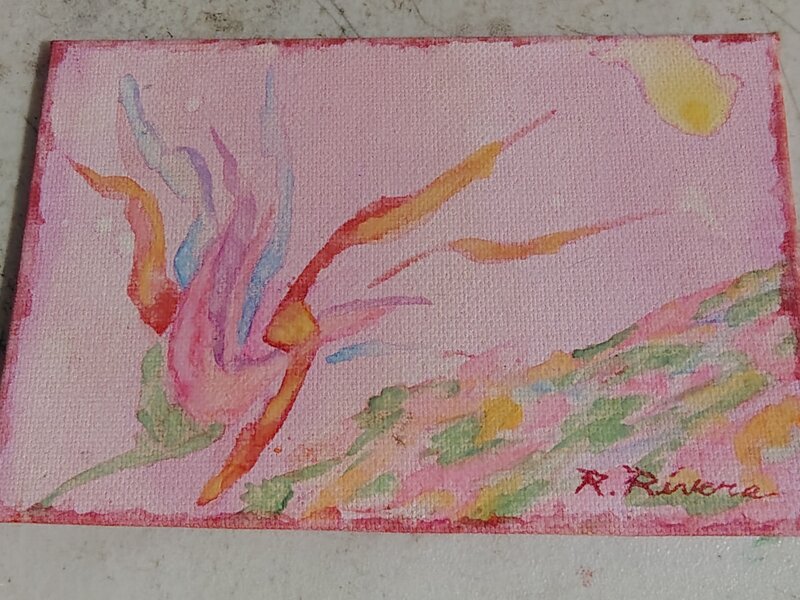 Abstract flower, sun and grassy hill 