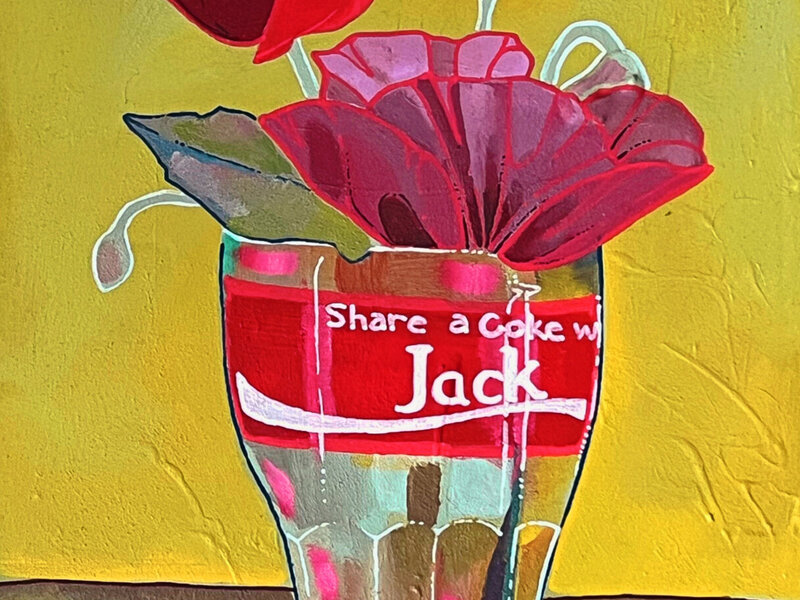 Red and green cola glass with florals 