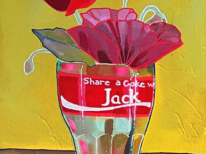 Red and green cola glass with florals 