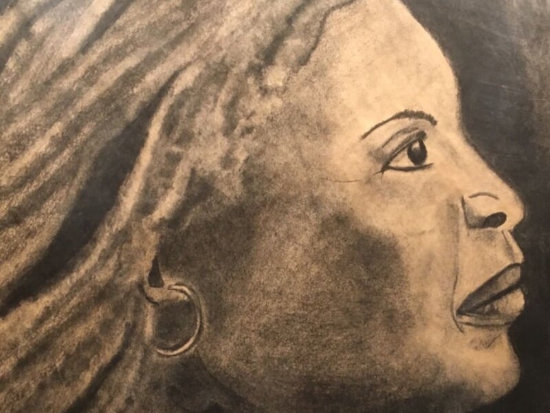 Charcoal drawing of American novelist Toni Morrison by Toya Bonita Wallace.