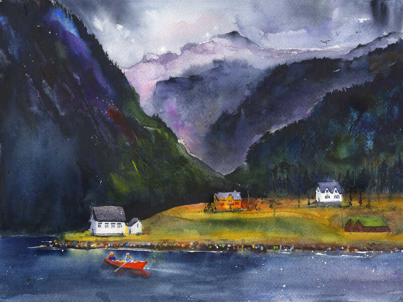 Mostraumen, Norway watercolor of Fjords