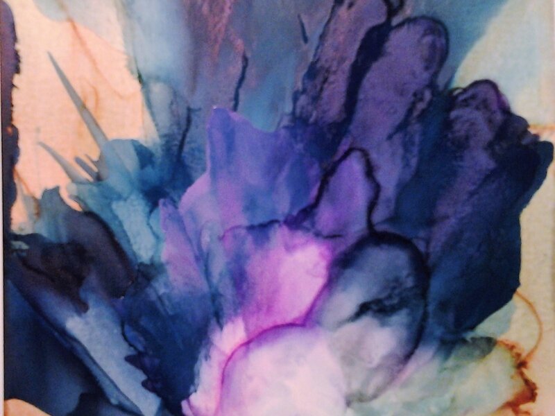 alcohol ink teacher workshop Santa Rosa California Rhea Schnurman yupo purple flower watercolor classes