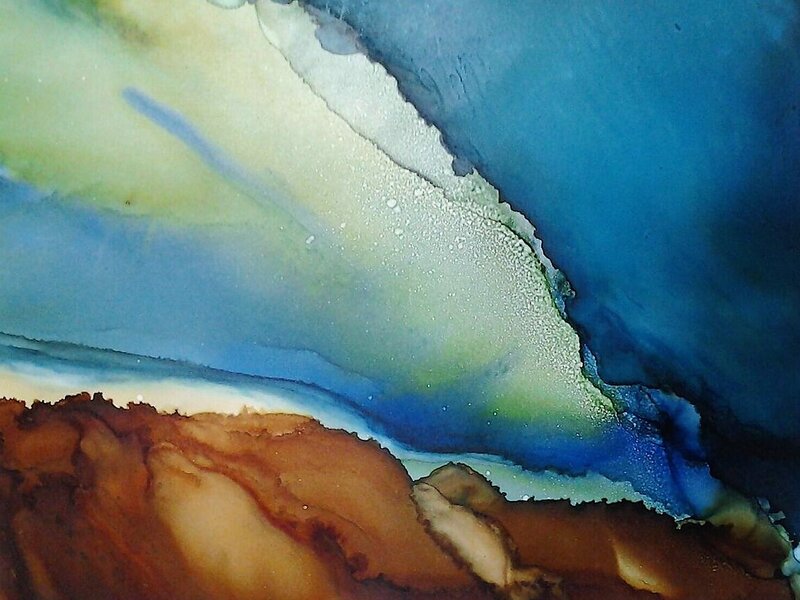 alcohol ink teacher workshop Santa Rosa California Rhea Schnurman yupo storm sky mountains watercolor classes