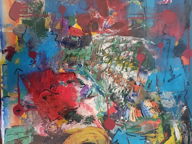 Multi-colored abtracted expression utilizing various paint mediums.