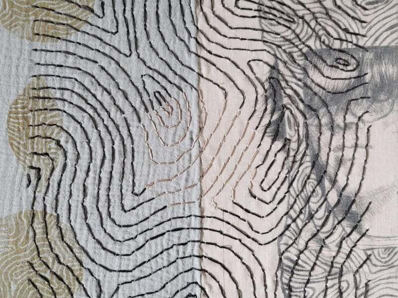 Mixed media piece with a self portrait on one side and symbols on the other.  the entire piece is covered in a organic pattern that flows through the piece, only broken up by the circle of lighter thread in the middle.