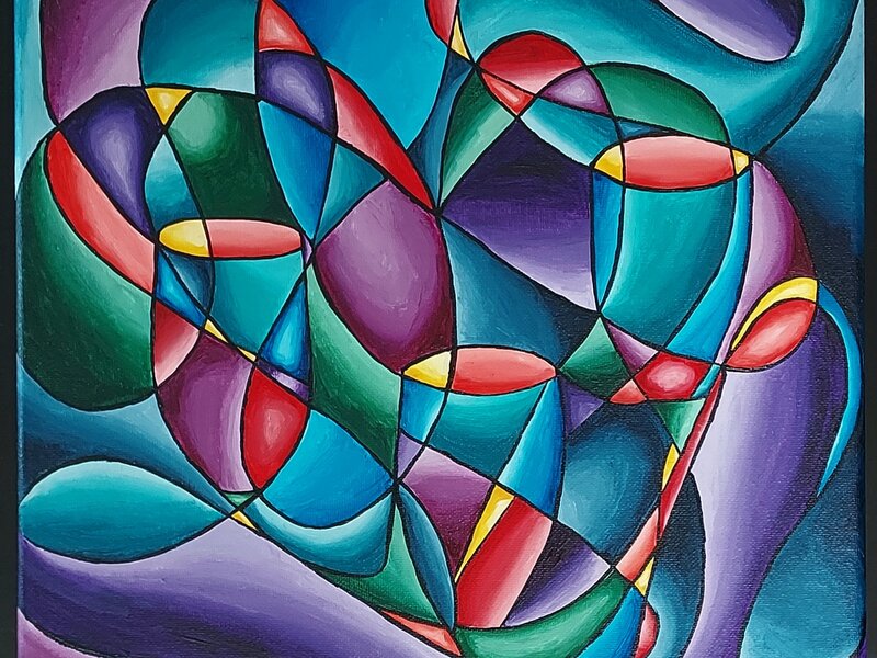 Acrylic painting titled, Corazones y tumbadoras