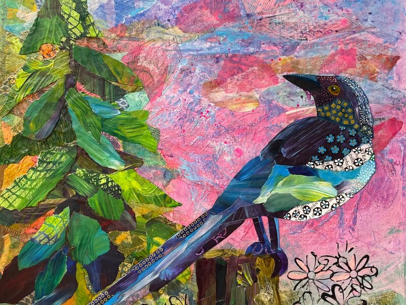 Mixed media torn-paper collage depicting a magpie bird perched on a tree stump with a pine tree and mountains in background.