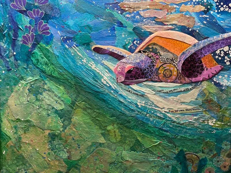 Mixed media torn-paper collage of a swimming sea turtle. Ocean floor and coral reefs in background.