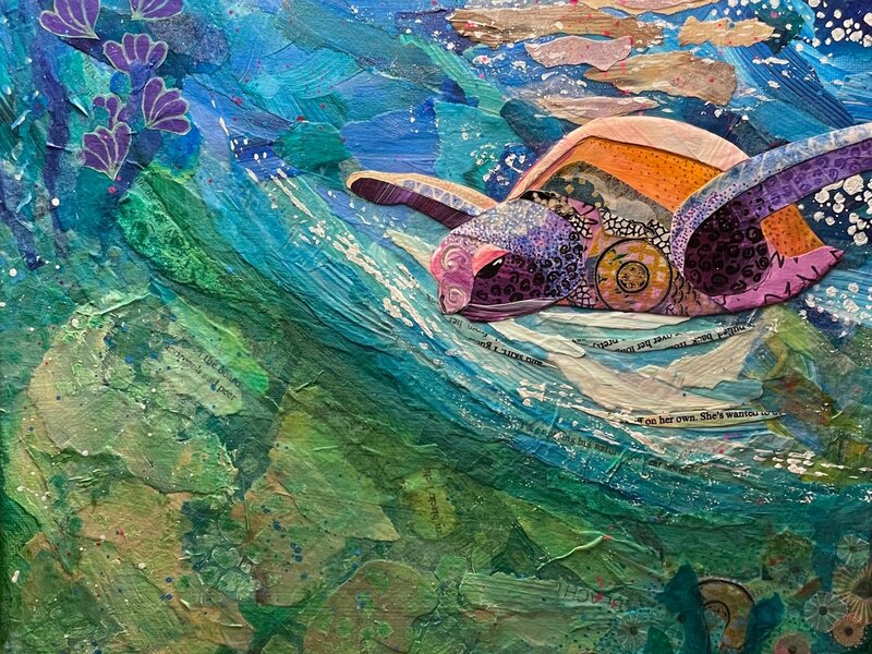 Mixed media torn-paper collage of a swimming sea turtle. Ocean floor and coral reefs in background.