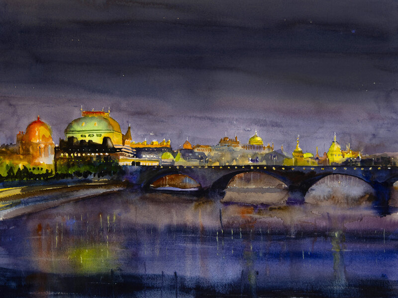 Budapest Hungary watercolor night scene with the Chain Bridge lit up