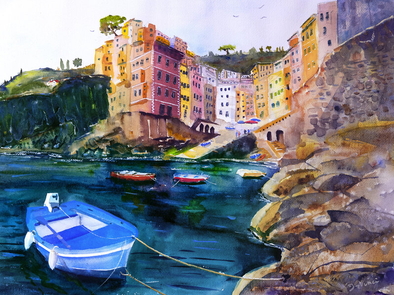  Riomaggiore Cinque Terre Italy with Blue Boat and Cliff Houses