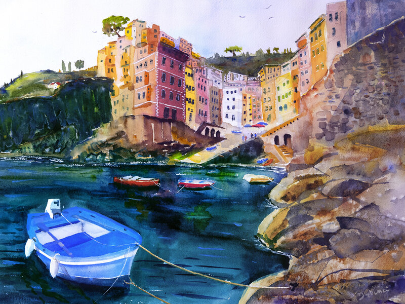  Riomaggiore Cinque Terre Italy with Blue Boat and Cliff Houses