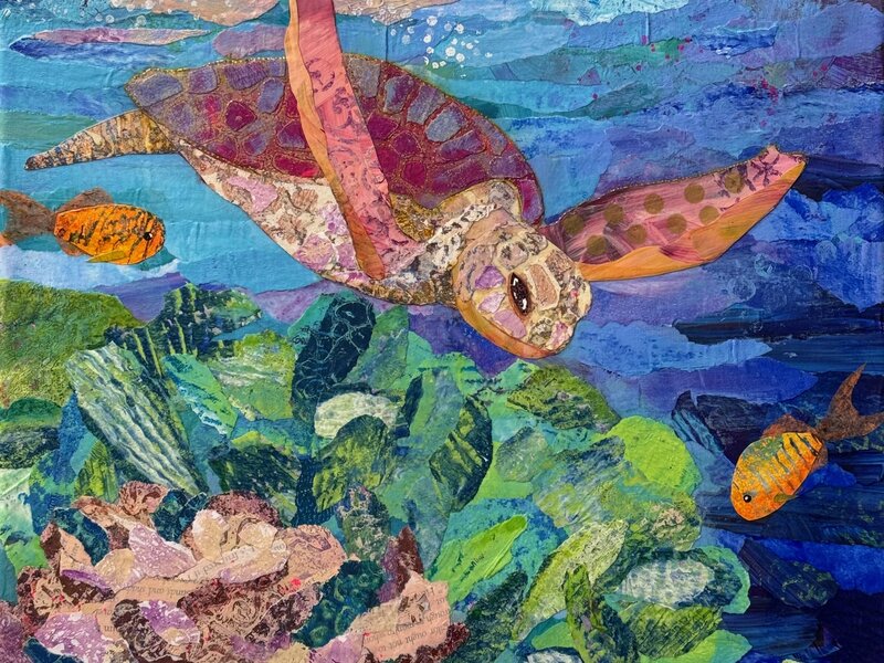 Mixed media torn-paper collage depicting a swimming sea turtle and tropical fish over ocean coral.