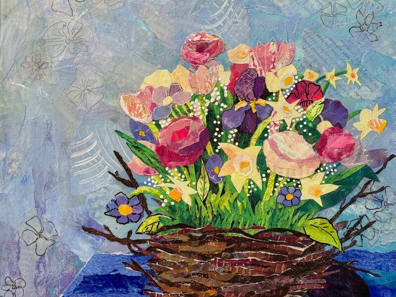 Mixed media torn-paper collage depicting a basket made of twigs containing an array of pink and yellow spring flowers.  Abstract blue background.
