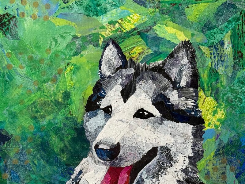 Mixed media torn-paper collage portrait of a black and white Malamute dog.  Abstract green background.