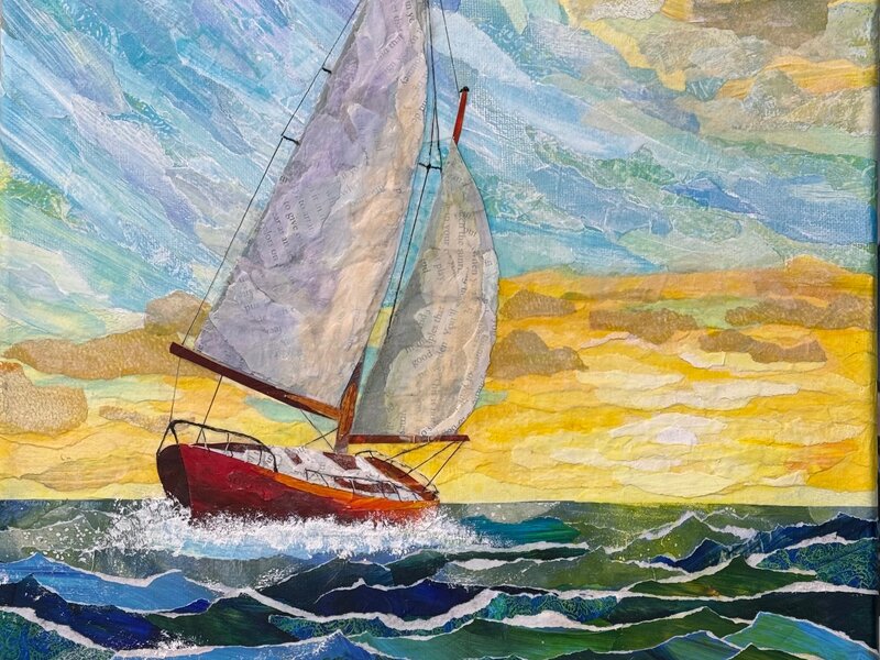 Mixed media torn-paper collage of a red sailboat sailing in choppy seas at sunrise.