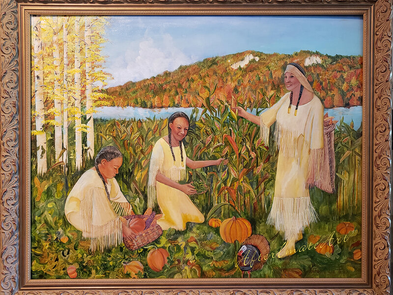 Three Sisters picking Corn Beans and Squash with traditional baskets