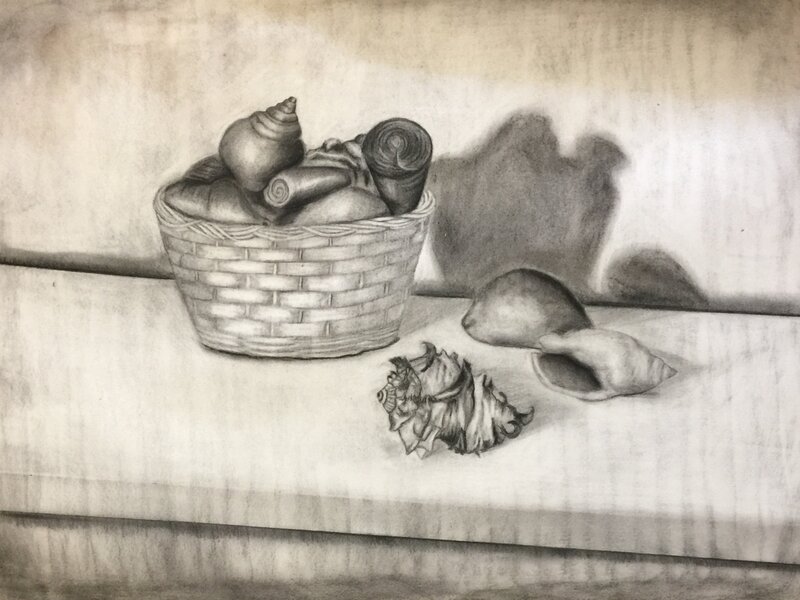 “Seashells in White Basket”