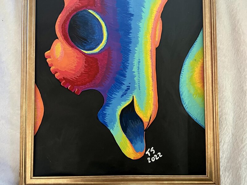 A painting of a ram skull