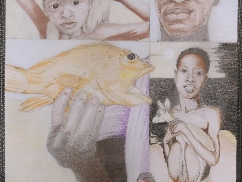 Wooden framed under glass color pencil drawing on paper.