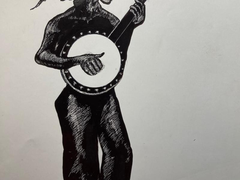 "A Banjo & His Boy" Scratchboard painting in India ink, 2020.