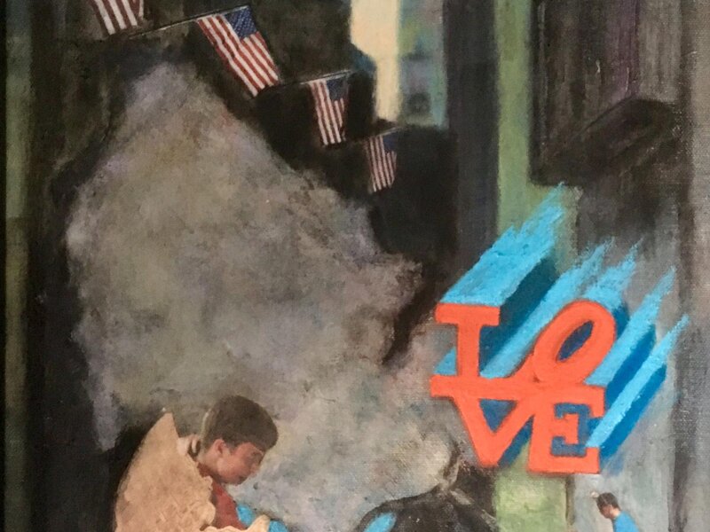 broad street with usa flags map love icon and two brothers 