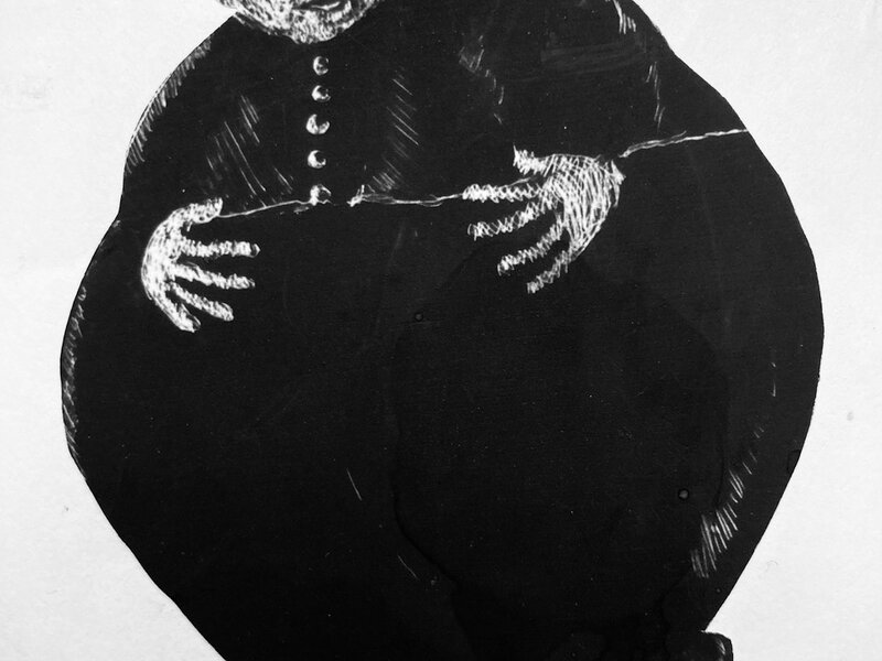 "The Buoyant Boy".  India Ink Scratchboard Technique, 2020.