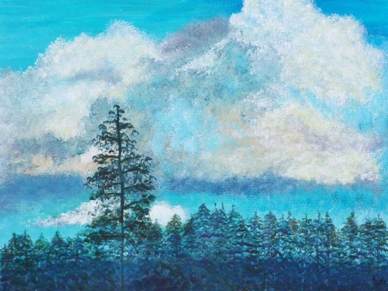 painting by Dawn Cooper, Moonscribe, landscape, California, blue, clouds, sky, trees, pine