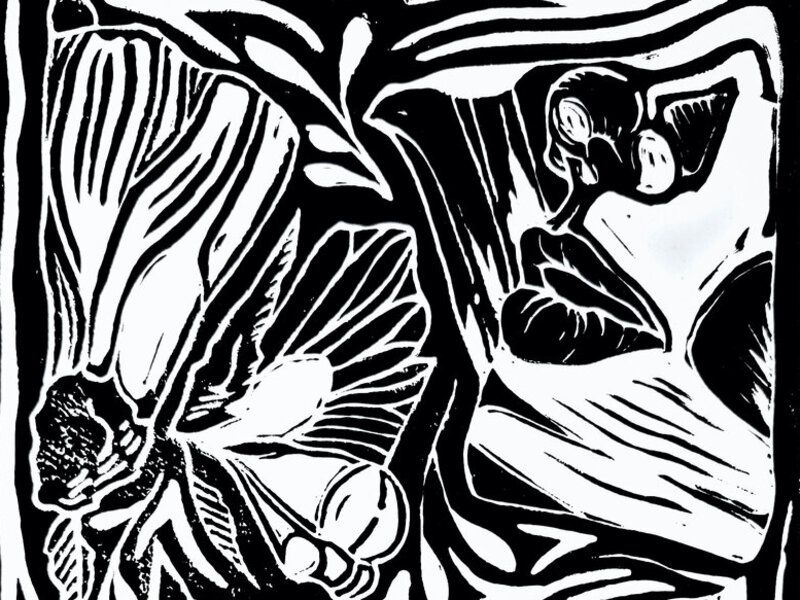 Black and white linoleum carving block print of florals