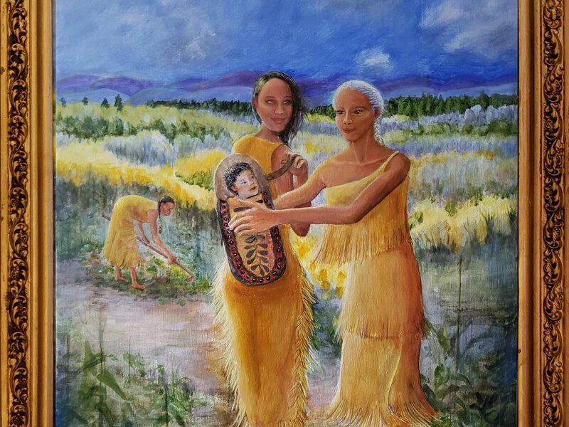 Cradleboard - 3 Generations - Mother slips the Cradleboard off her back to Grandmother's welcoming arms