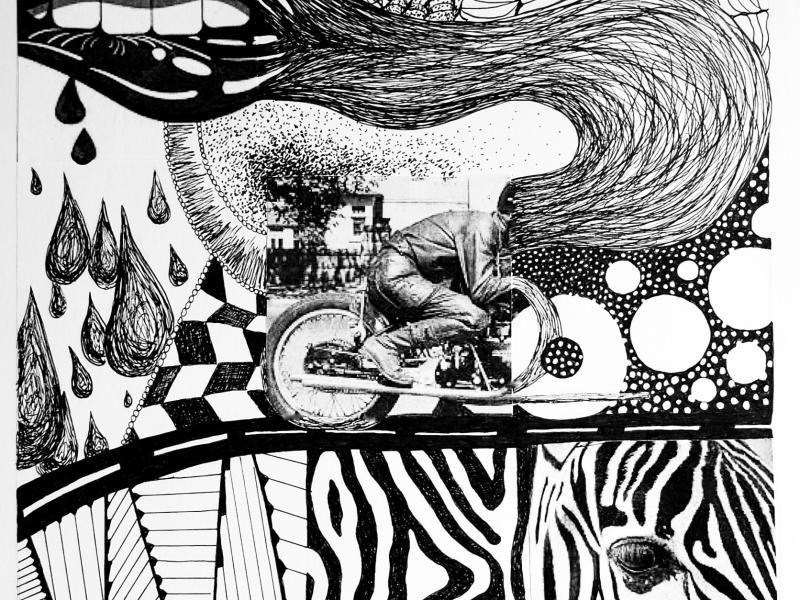 Abstract ink drawing of a man on a motorcycle in the center, a road running across the middle, a zebra’s face blending into a zebra pattern on the bottom right, a triangle striped pattern on the bottom left, teardrops dropping from a biting lip in the top left corner, and instead of a head, the motorcycle man looks like his head is a tornado that blends into the biting lip in the top left corner. 