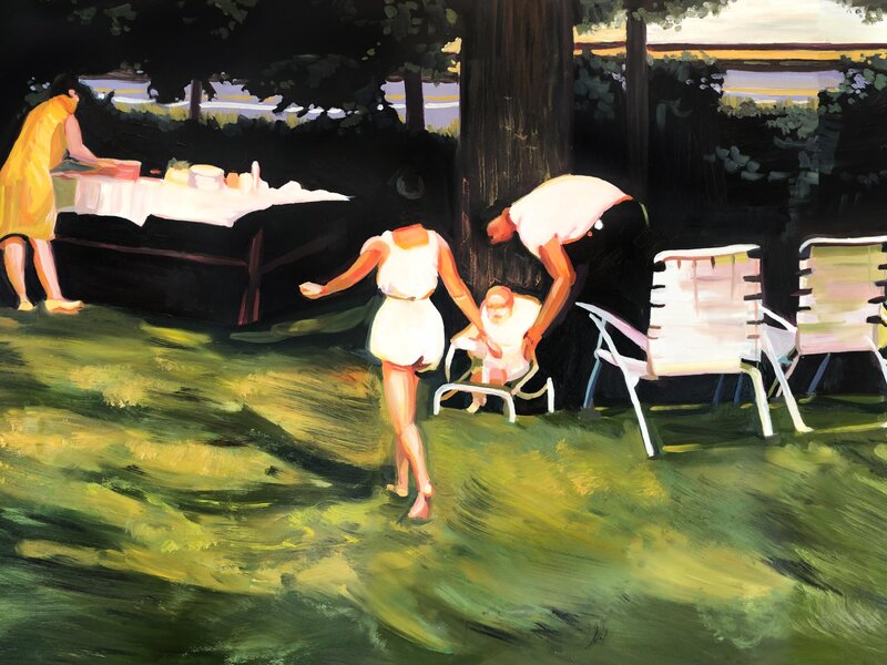 A family on their last picnic outing of the summer season. It's Labor Day. The mom is off to the left setting up food on a table while the dad is bending down tending to the baby in his carseat. A preteen girl has her back to the camera, dressed in all white, heading towards her mom. 