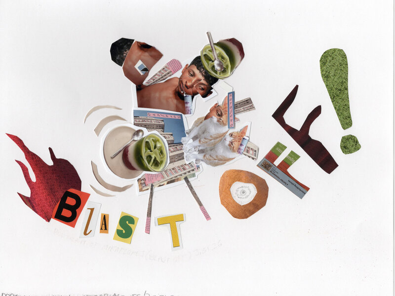 Collage with text reading "Blast Off," character made of city skyline, photo of boy, and stawberry matcha collaged above.